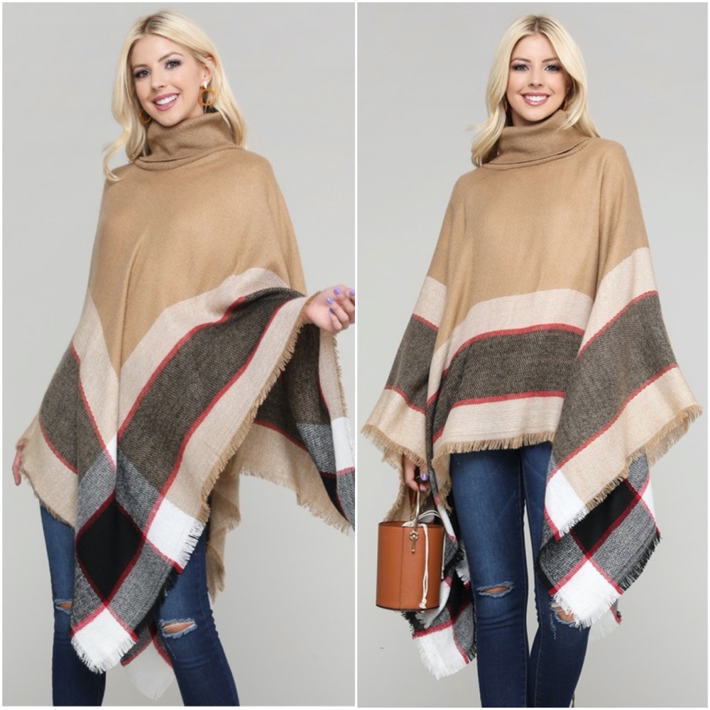 030 Cozy plaid Turtleneck frayed hem Poncho - Picture 8 of 9